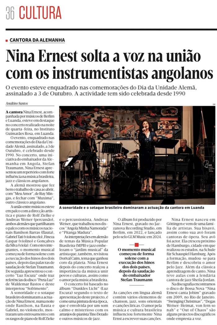 NINA ERNST SOLTA A VOZ NA UNIÃO COM OS INSTRUMENTISTAS ANGOLANOS